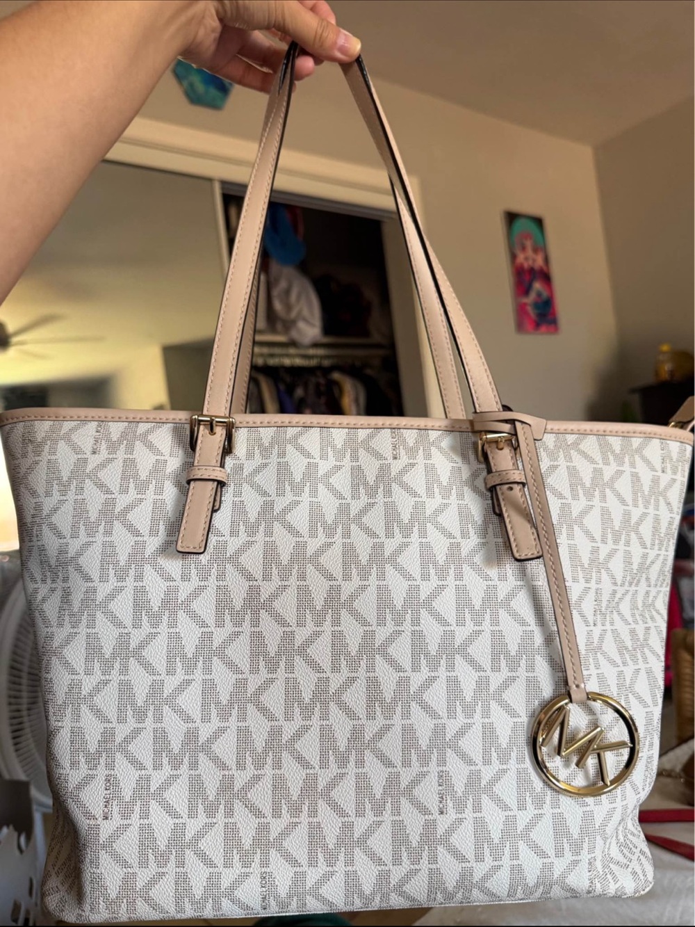 Michael Kors Cream and Beige MK Signature Tote with Gold Charm